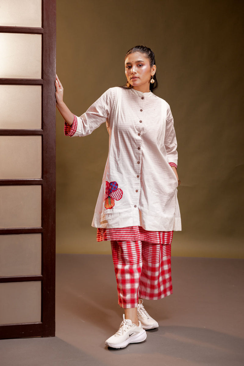 Raindance Dress + Palazzo (Set) cotton, gamcha co-ord set by 145 East in red, white for women in Singapore