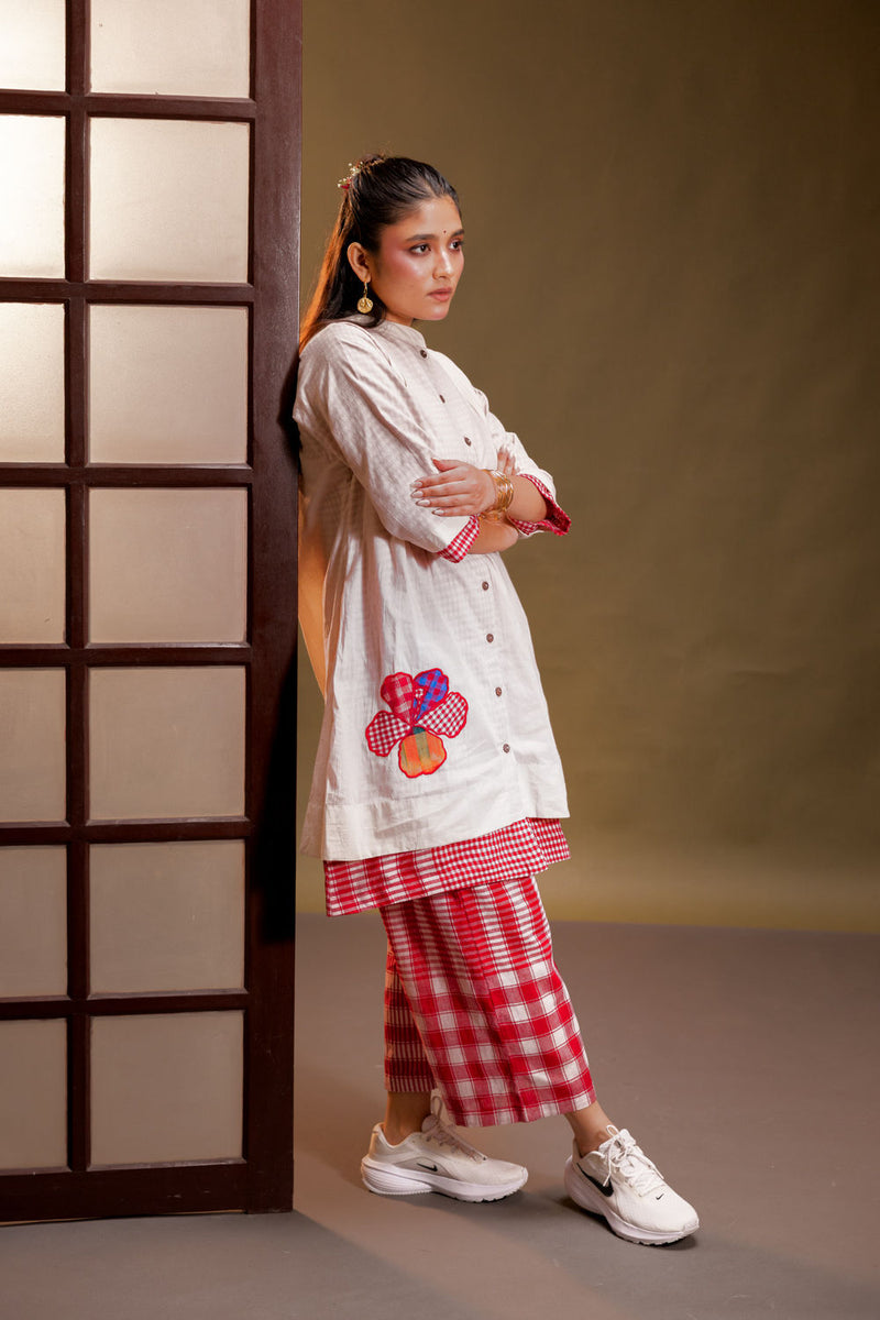 Raindance Dress + Palazzo (Set) cotton, gamcha co-ord set by 145 East in red, white for women in Singapore