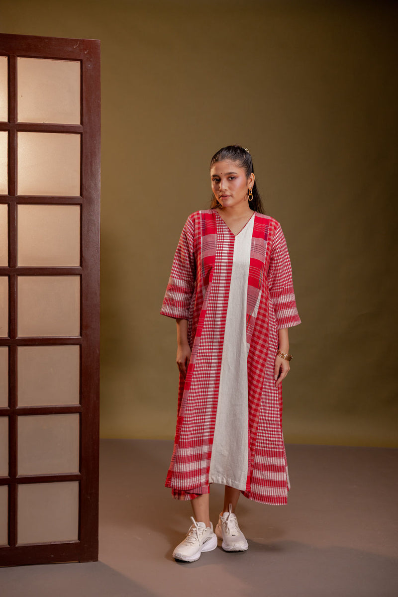Muse 16 Panelled Dress cotton, gamcha dress by 145 East in red, white for women in Singapore