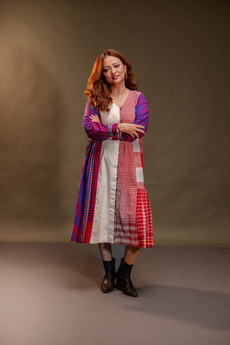 Vera Dress cotton, gamcha dress by 145 East in red, white, purple for women in Singapore