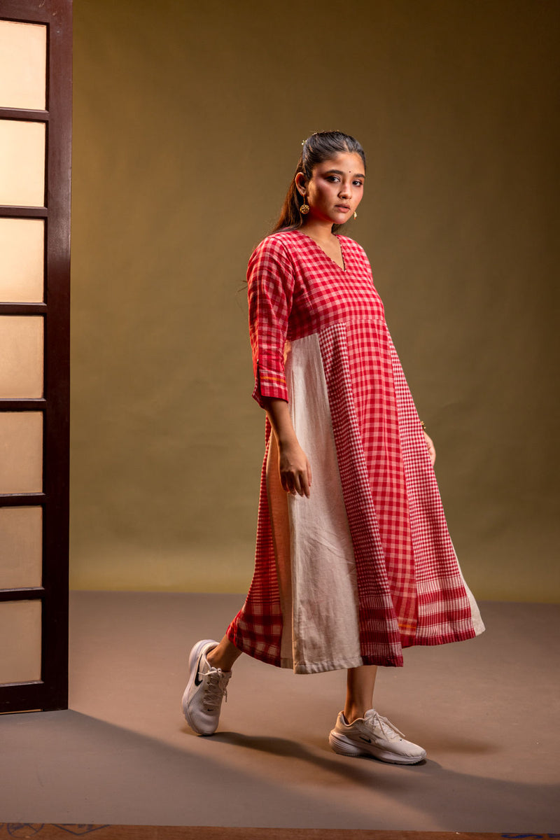 Ardor Panelled Dress cotton, gamcha dress by 145 East in red, white for women in Singapore