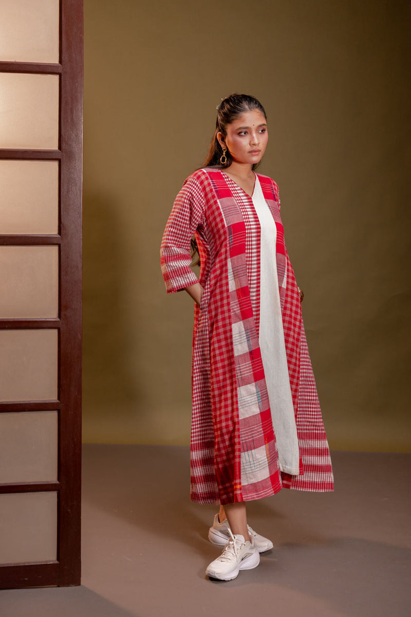 Muse 16 Panelled Dress cotton, gamcha dress by 145 East in red, white for women in Singapore