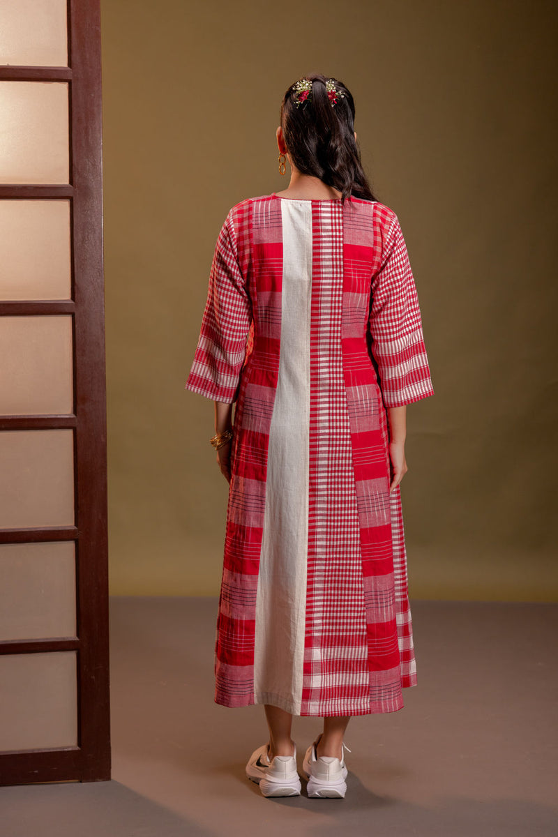 Muse 16 Panelled Dress cotton, gamcha dress by 145 East in red, white for women in Singapore