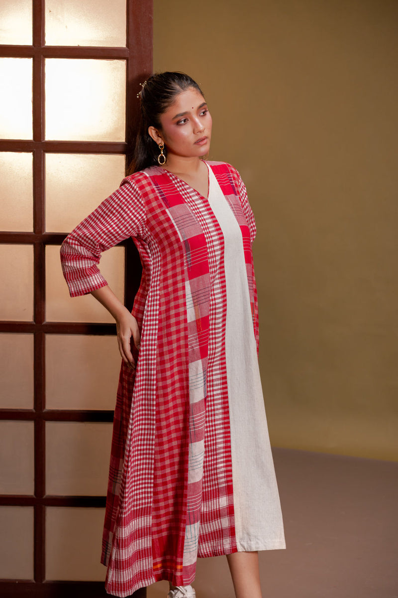Muse 16 Panelled Dress cotton, gamcha dress by 145 East in red, white for women in Singapore