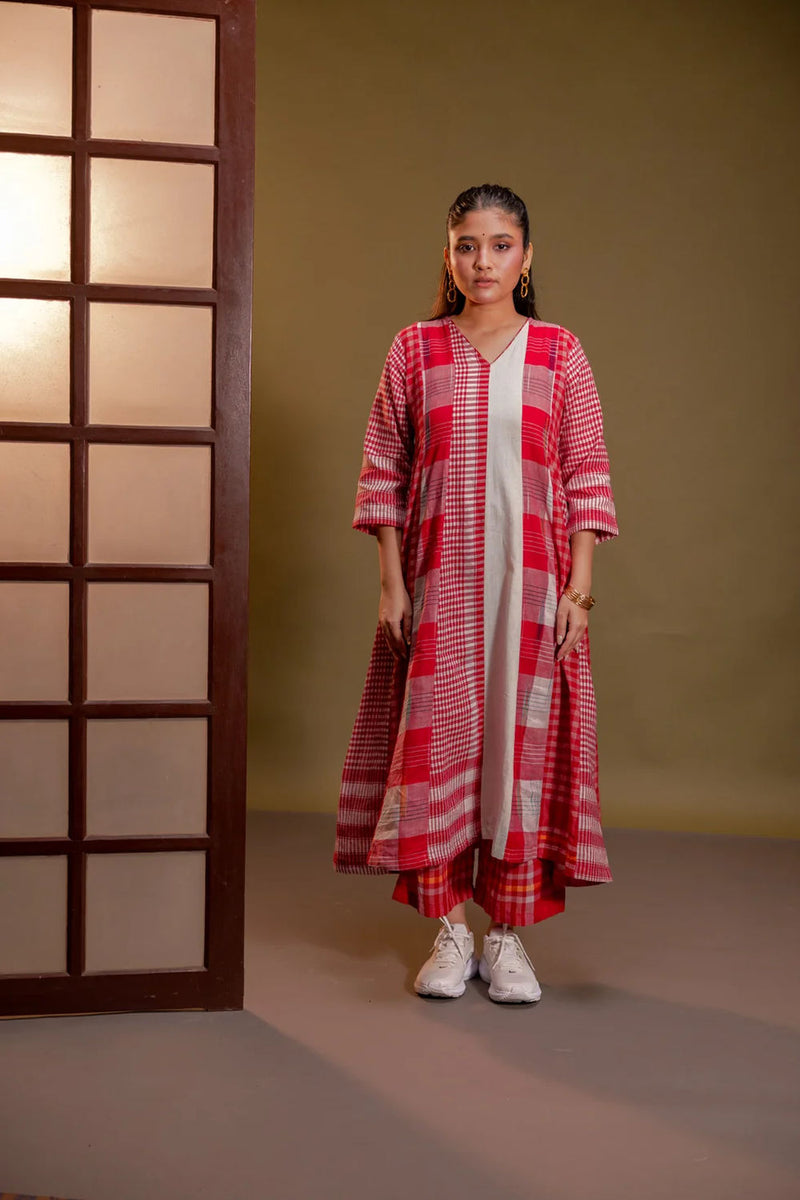 Muse 16 Panelled Dress + Palazzo (Set) cotton, gamcha co-ord set by 145 East in red, white for women in Singapore