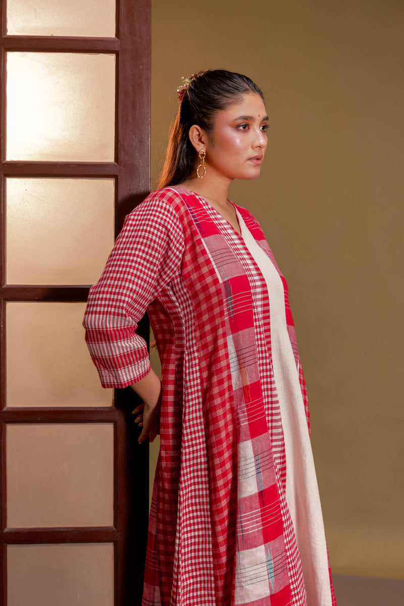 Muse 16 Panelled Dress + Palazzo (Set) cotton, gamcha co-ord set by 145 East in red, white for women in Singapore