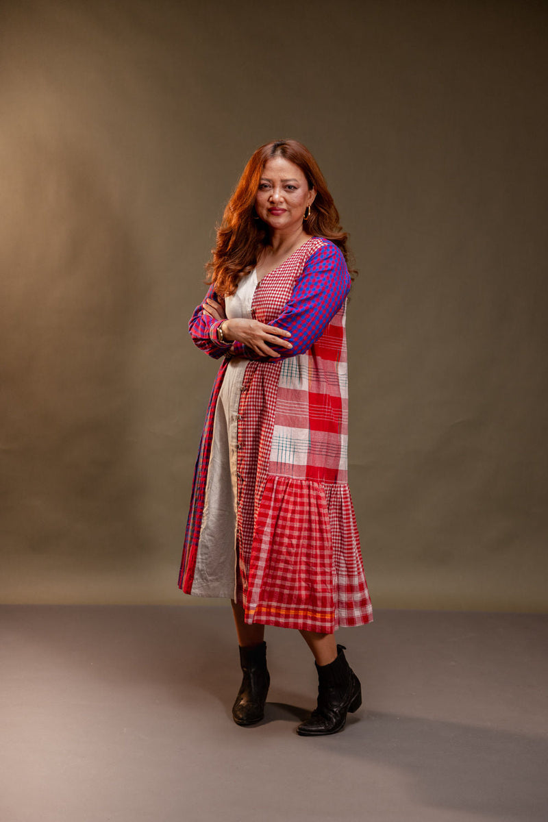 Vera Dress cotton, gamcha dress by 145 East in red, white, purple for women in Singapore