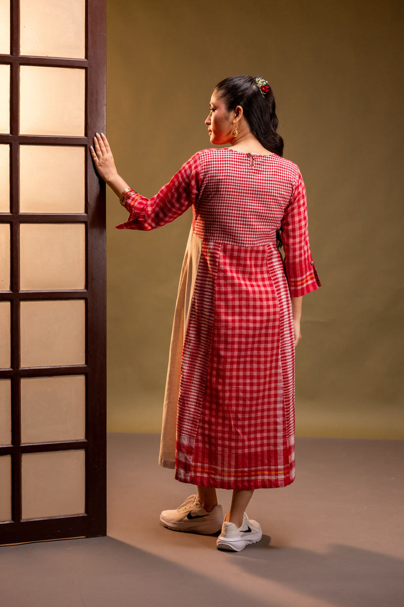 Ardor Panelled Dress cotton, gamcha dress by 145 East in red, white for women in Singapore
