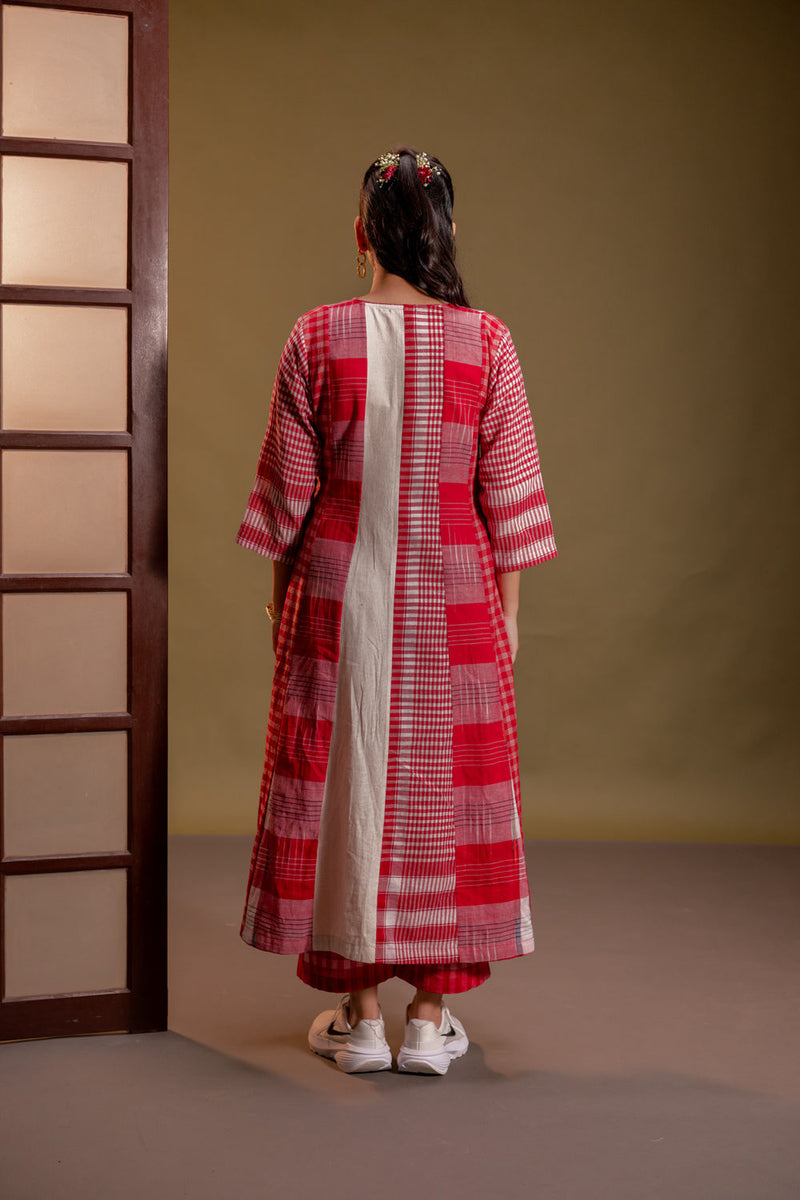 Muse 16 Panelled Dress + Palazzo (Set) cotton, gamcha co-ord set by 145 East in red, white for women in Singapore