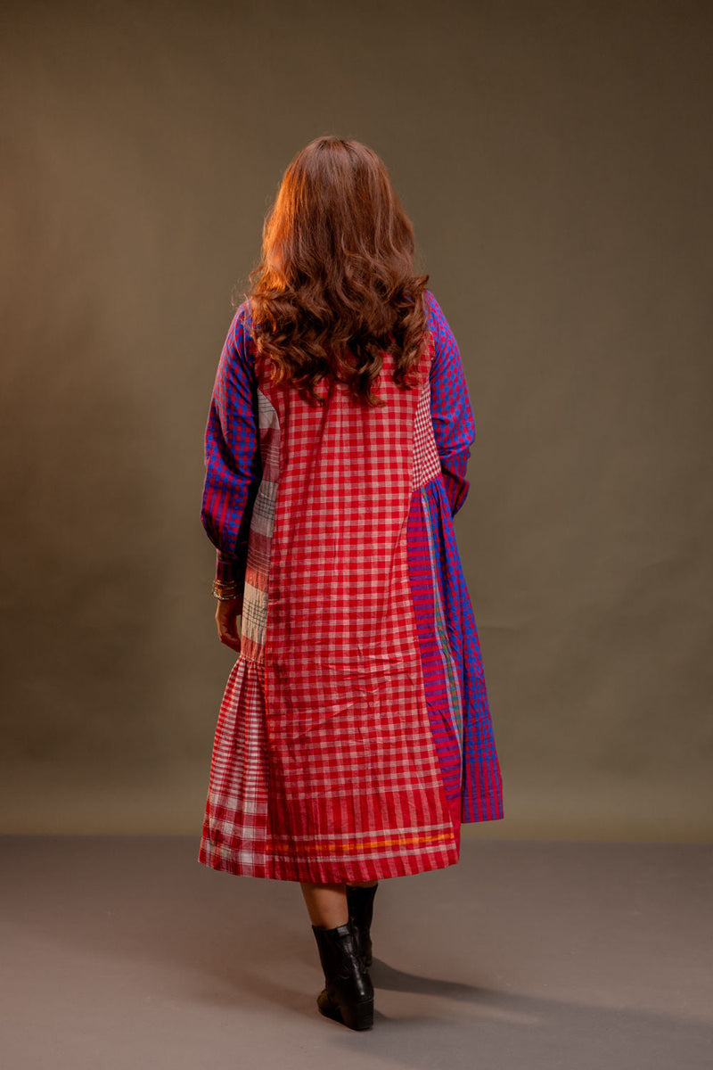Vera Dress cotton, gamcha dress by 145 East in red, white, purple for women in Singapore