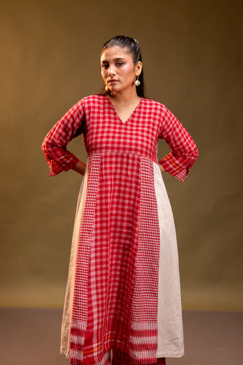 Ardor Panelled Dress + Palazzo (Set) cotton, gamcha co-ord set by 145 East in red, white for women in Singapore