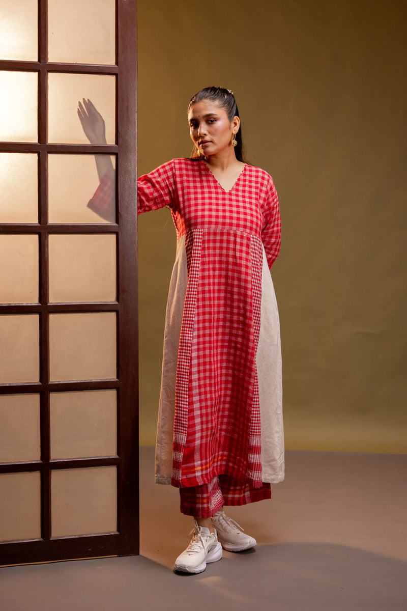 Ardor Panelled Dress + Palazzo (Set) cotton, gamcha co-ord set by 145 East in red, white for women in Singapore