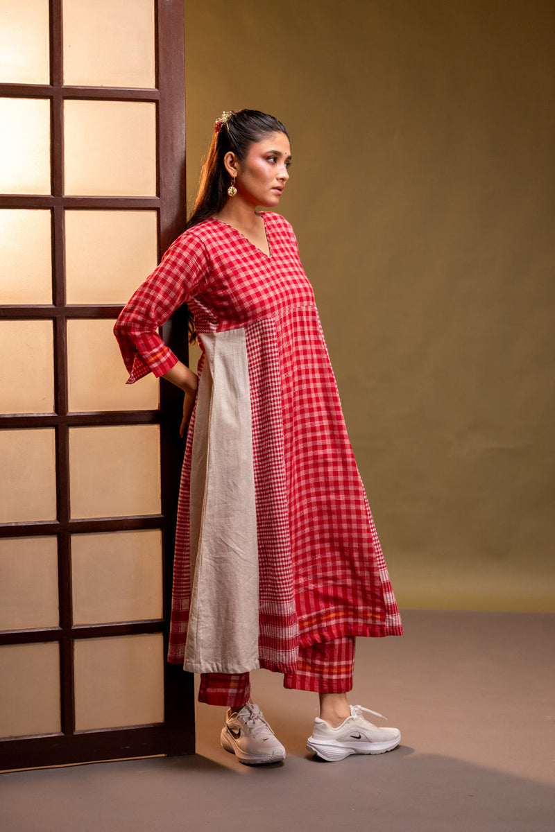 Ardor Panelled Dress + Palazzo (Set) cotton, gamcha co-ord set by 145 East in red, white for women in Singapore