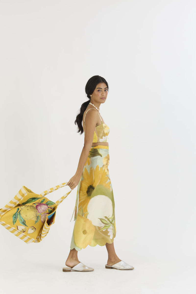 LEMONADE BRALETTE & SCALLOP SKIRT SET satin by Yam in yellow color for women in Singapore