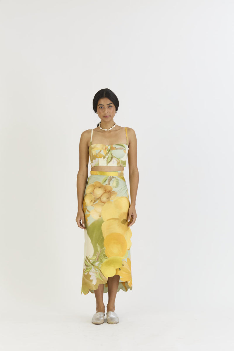 LEMONADE BRALETTE & SCALLOP SKIRT SET satin by Yam in yellow color for women in Singapore