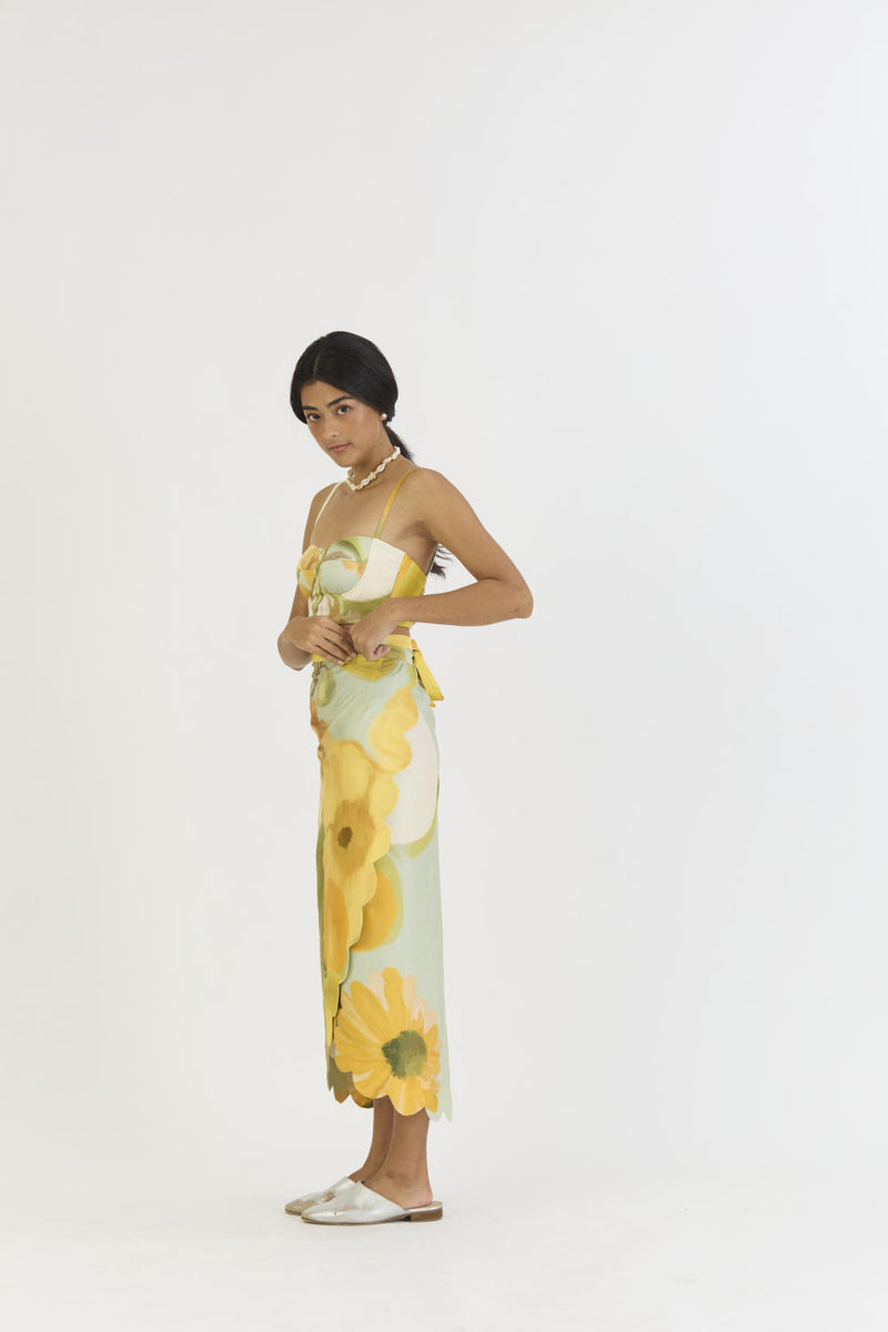 LEMONADE BRALETTE & SCALLOP SKIRT SET satin by Yam in yellow color for women in Singapore
