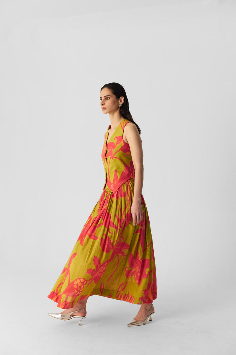 LIAN LIME WAISTCOAT & SKIRT SET cotton by Yam in multi color for women in Singapore