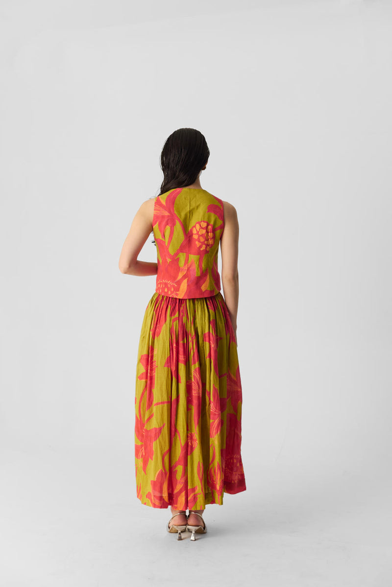 LIAN LIME WAISTCOAT & SKIRT SET cotton by Yam in multi color for women in Singapore