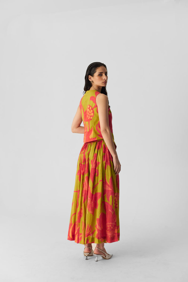 LIAN LIME WAISTCOAT & SKIRT SET cotton by Yam in multi color for women in Singapore