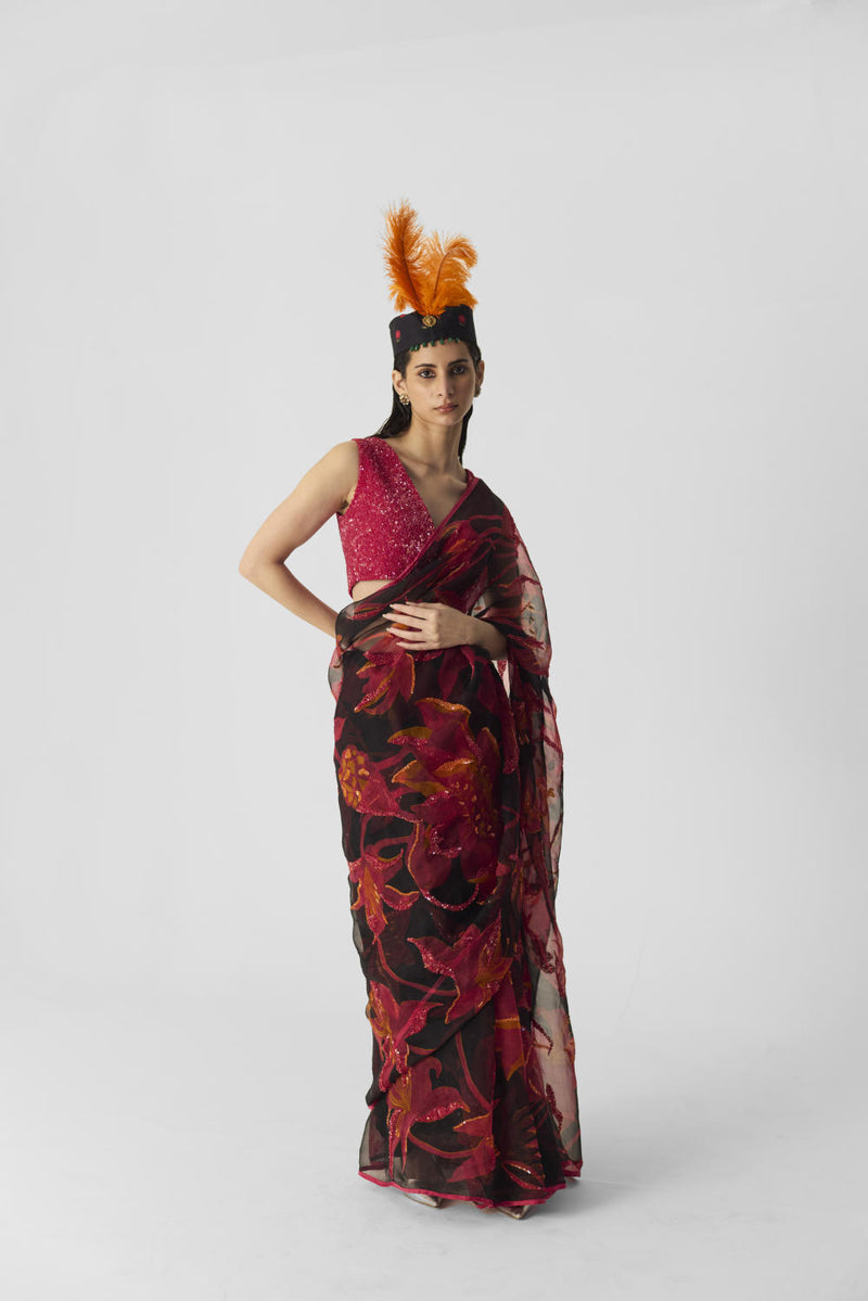 LIAN EMBROIDERED SAREE organza by Yam in multi color for women in Singapore