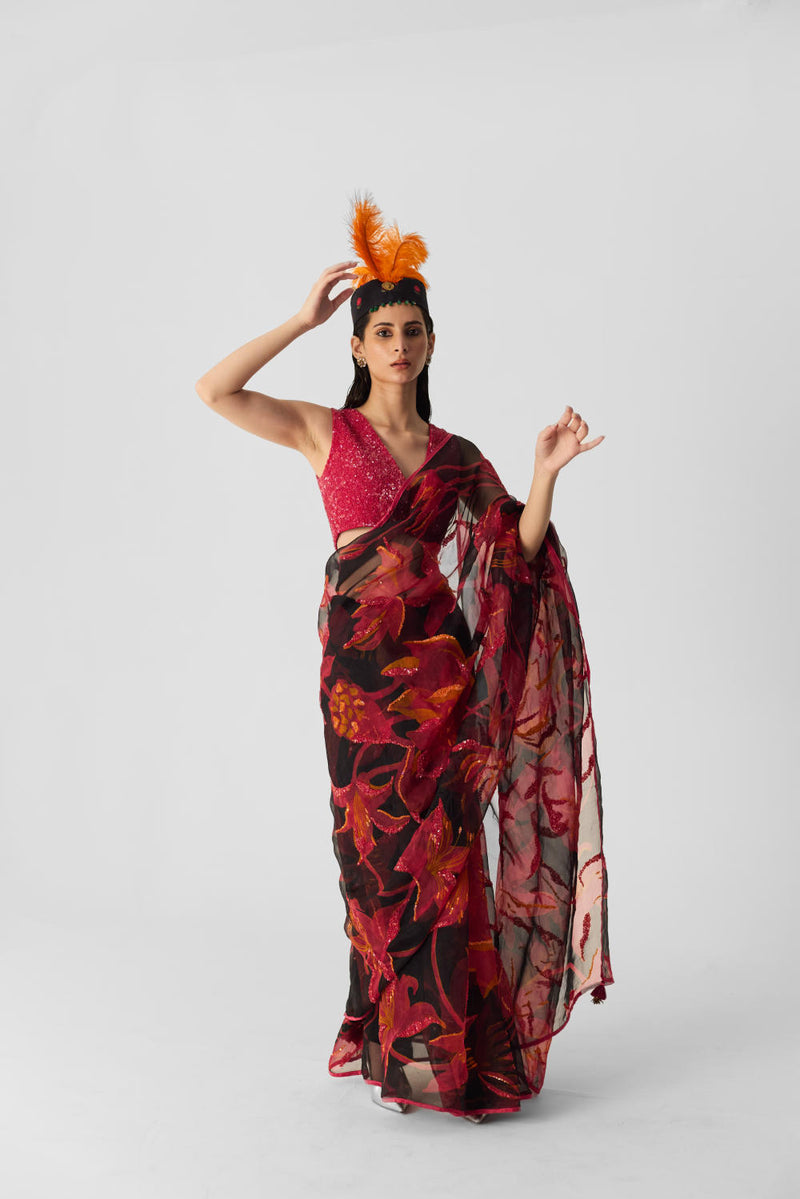 LIAN EMBROIDERED SAREE organza by Yam in multi color for women in Singapore