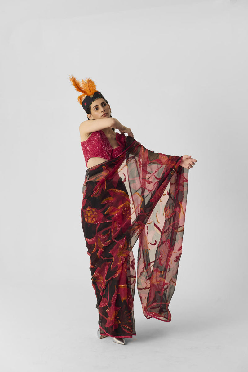 LIAN EMBROIDERED SAREE organza by Yam in multi color for women in Singapore