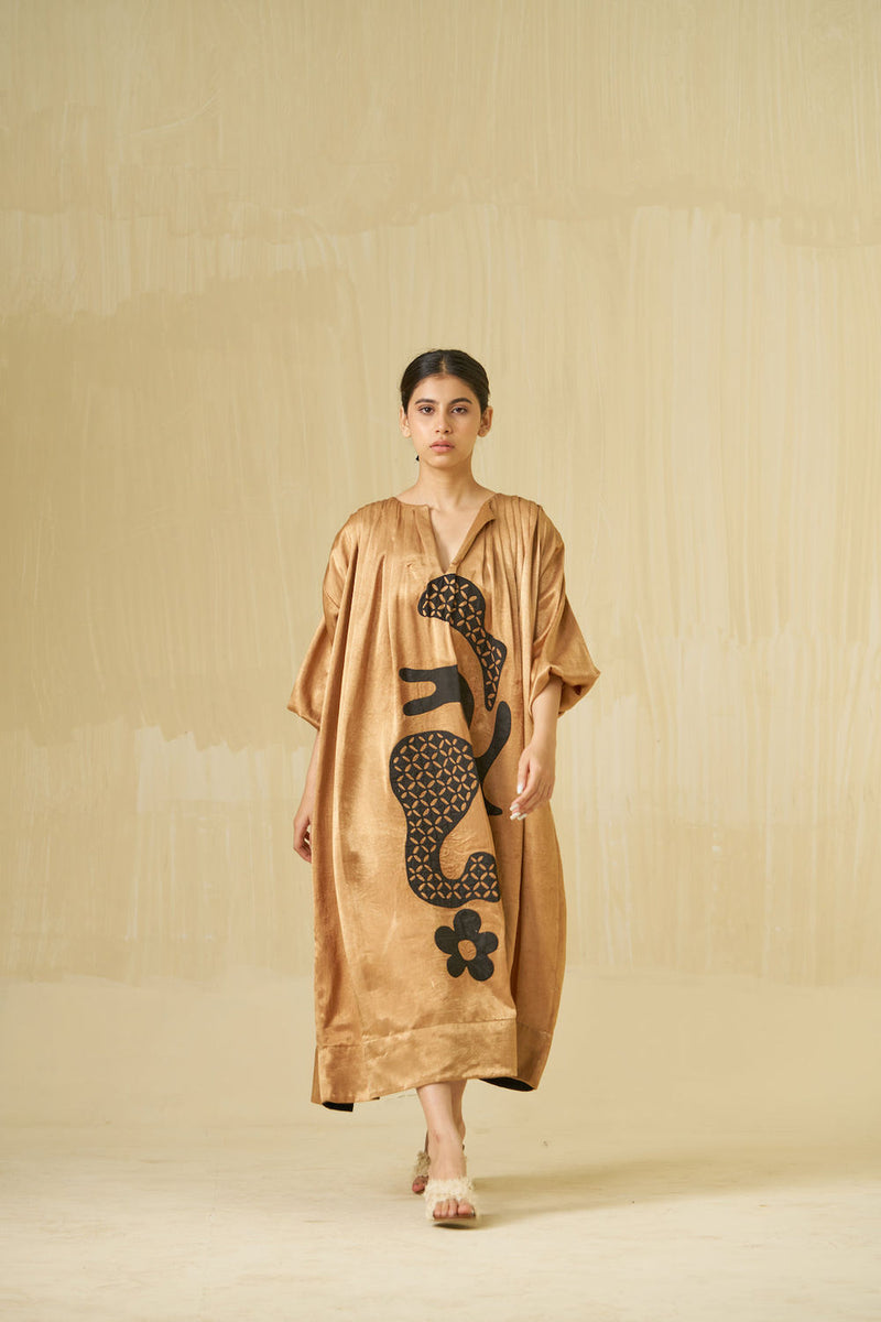 Love Bug Dress-Gold + Black mashru silk dress by Stoique in gold, black for women in Singapore