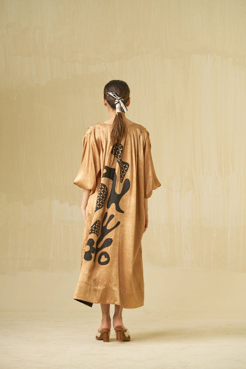 Love Bug Dress-Gold + Black mashru silk dress by Stoique in gold, black for women in Singapore