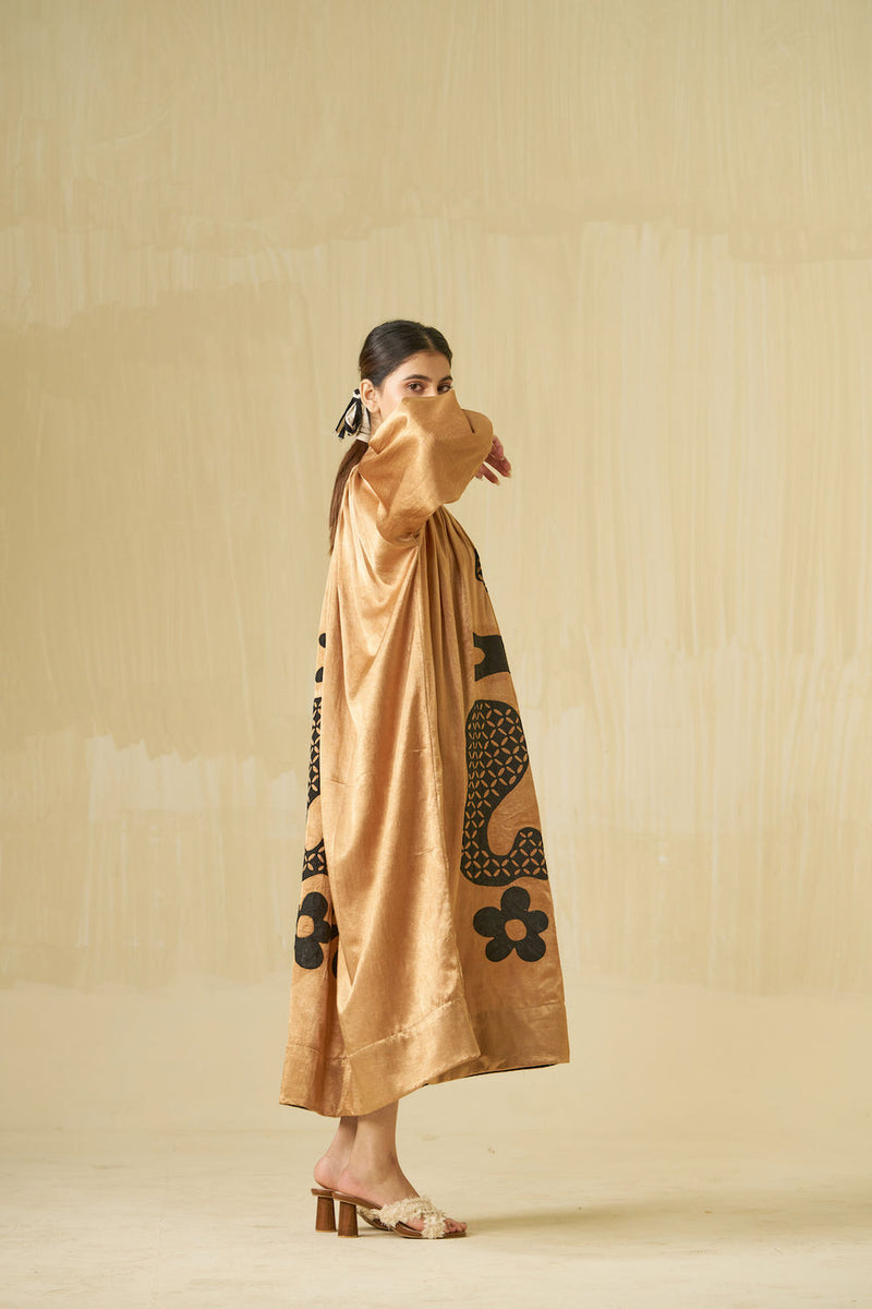 Love Bug Dress-Gold + Black mashru silk dress by Stoique in gold, black for women in Singapore