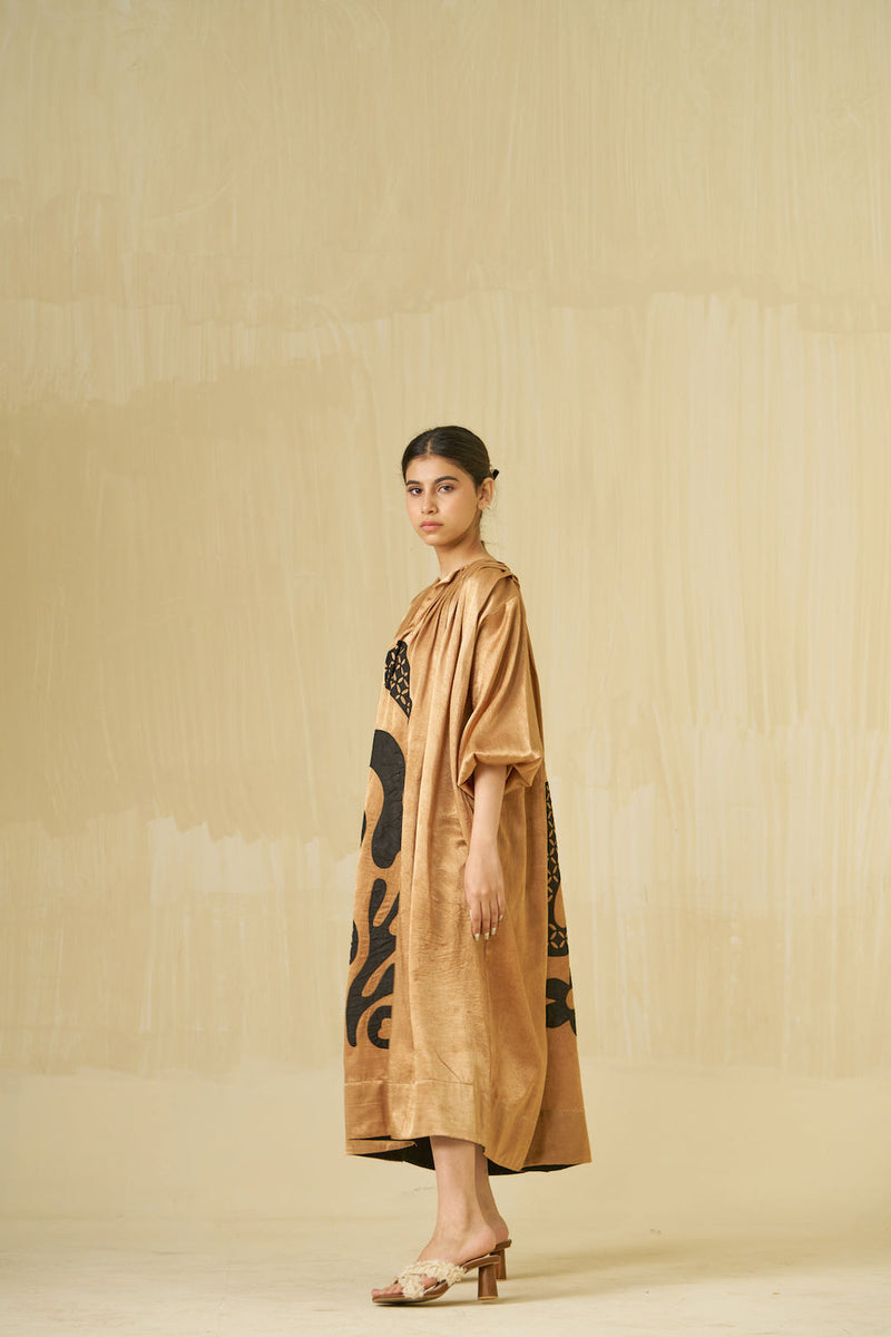 Love Bug Dress-Gold + Black mashru silk dress by Stoique in gold, black for women in Singapore