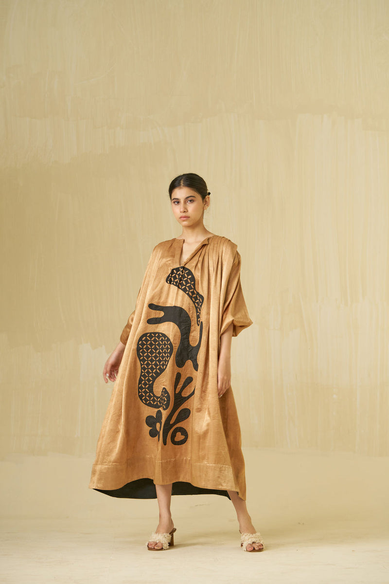 Love Bug Dress-Gold + Black mashru silk dress by Stoique in gold, black for women in Singapore