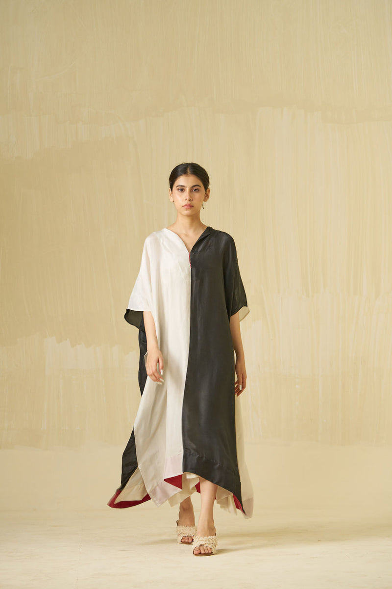 Moon Dress-Silver + Black upada silk dress by Stoique in silver, black for women in Singapore