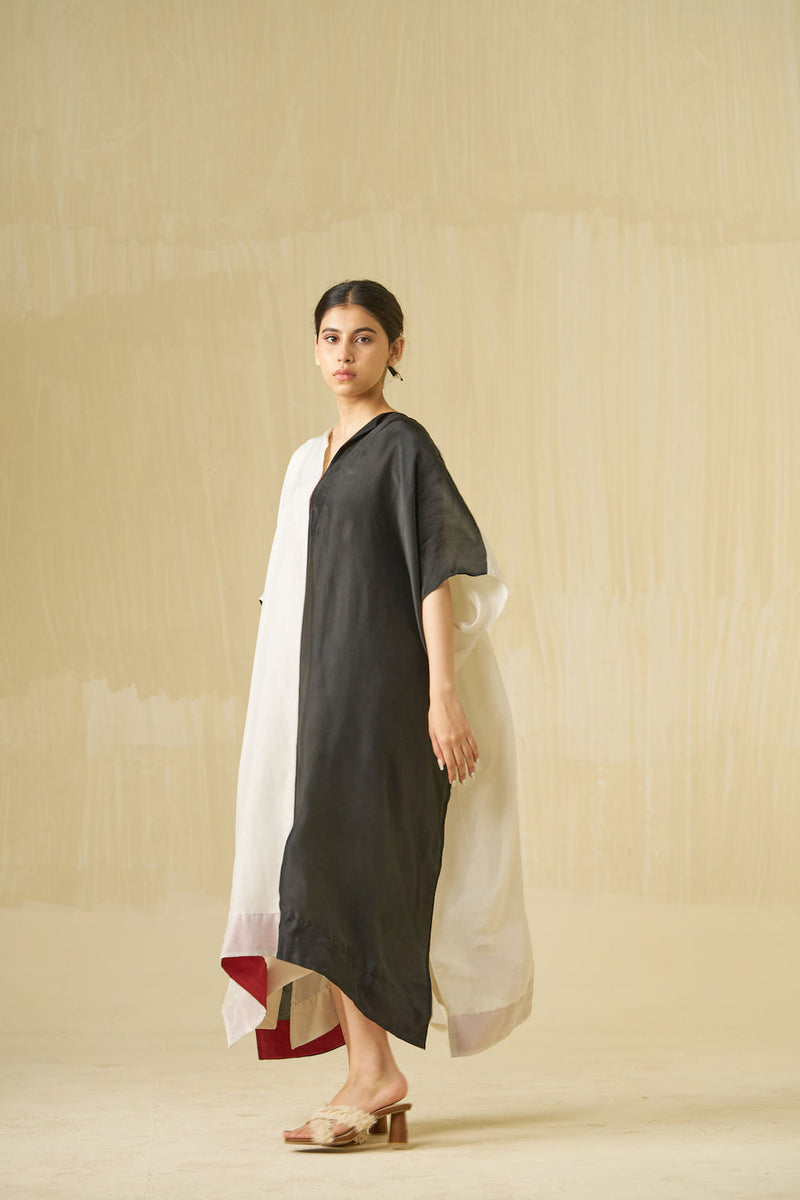 Moon Dress-Silver + Black upada silk dress by Stoique in silver, black for women in Singapore