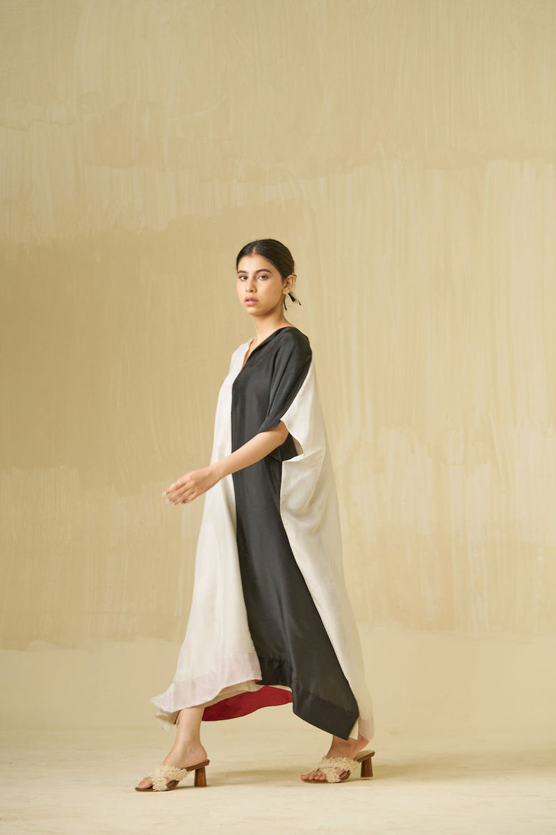 Moon Dress-Silver + Black upada silk dress by Stoique in silver, black for women in Singapore