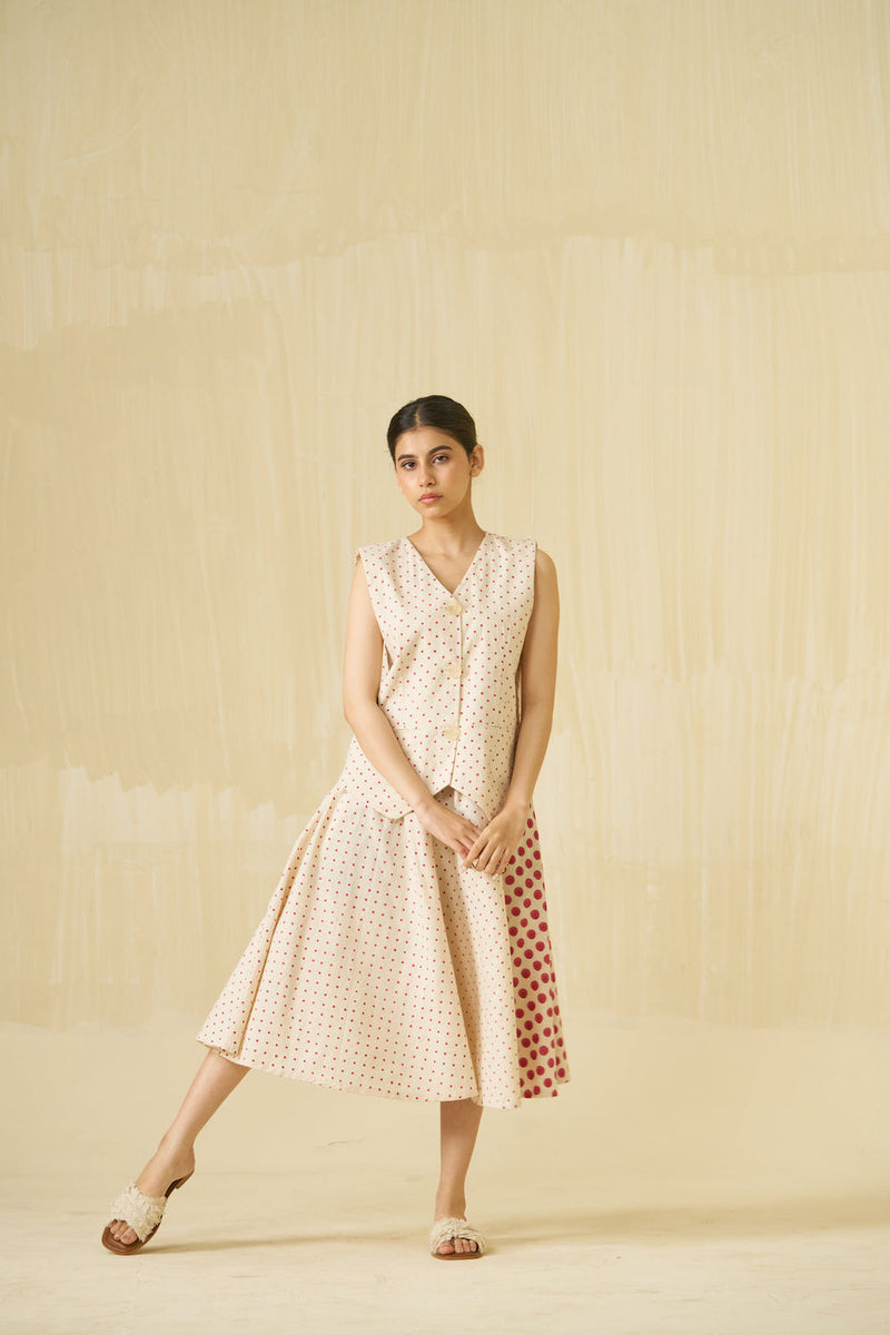 Muffin Skirt-Natural + Hibiscus red handwoven cotton skirt by Stoique in natural, hibiscus red for women in Singapore