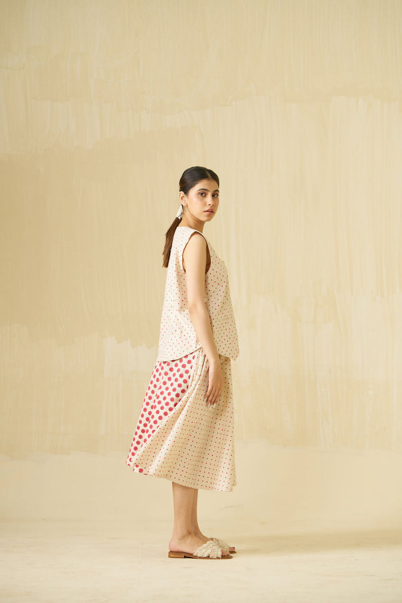 Muffin Skirt-Natural + Hibiscus red handwoven cotton skirt by Stoique in natural, hibiscus red for women in Singapore