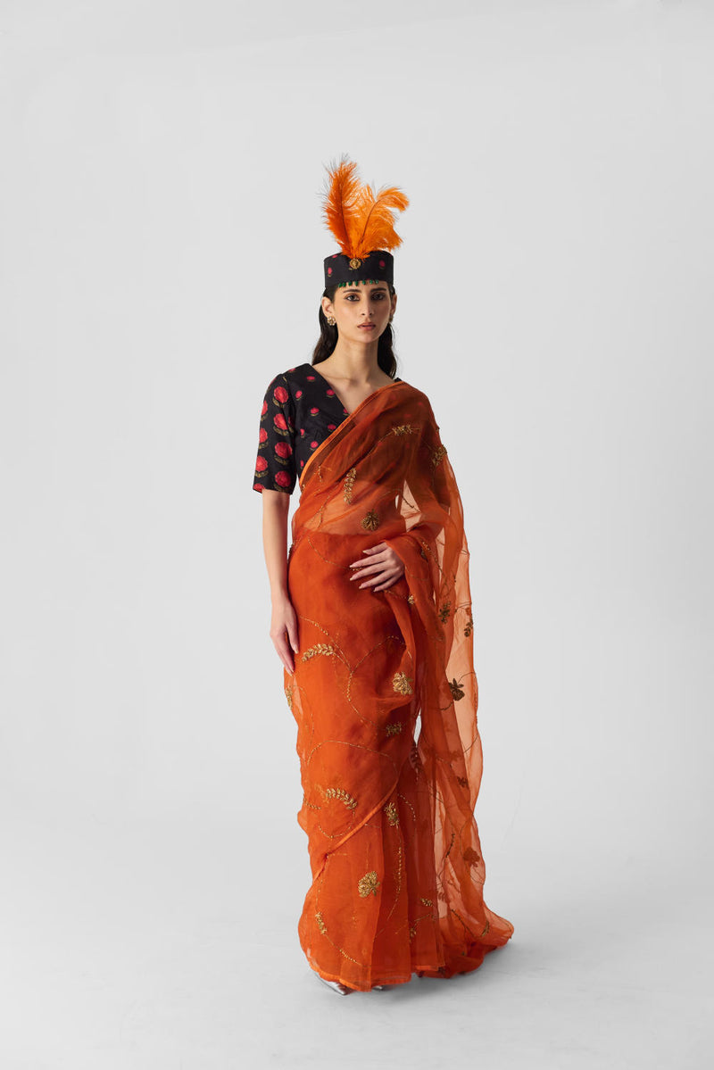 ORANGE EMBROIDERED SAREE organza by Yam in orange color for women in Singapore