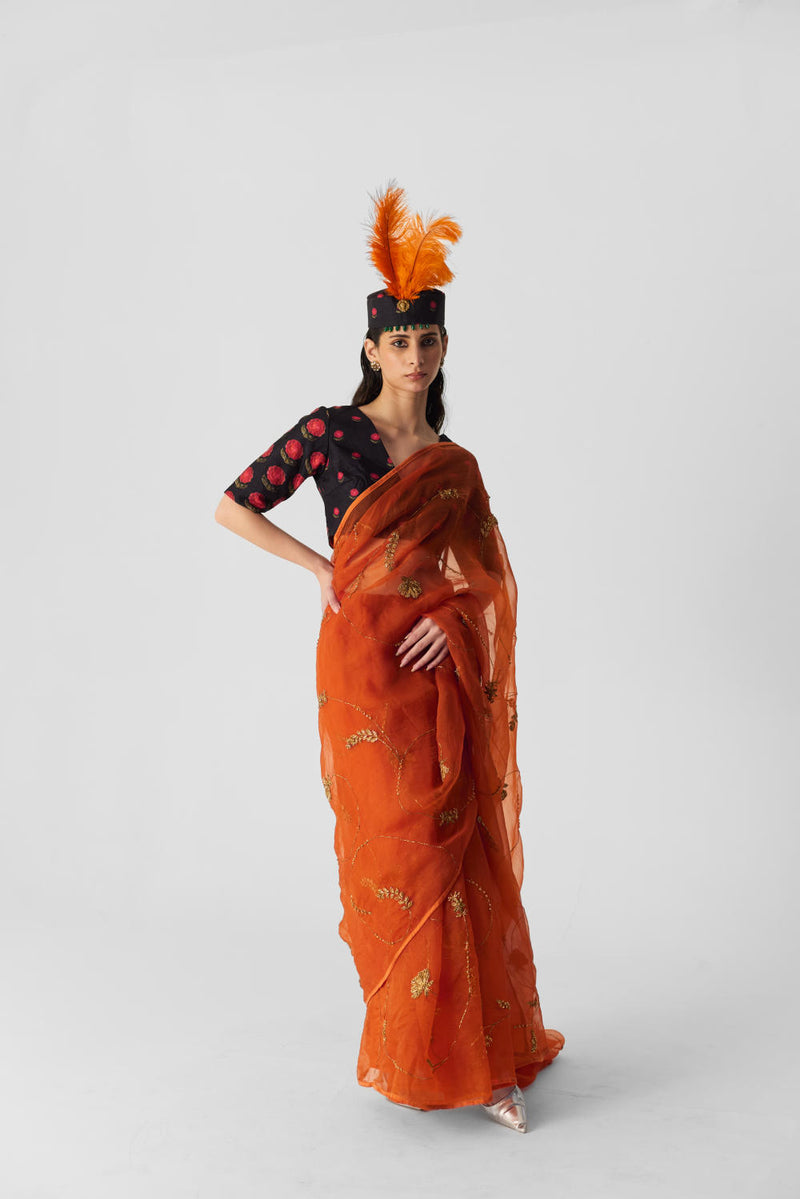 ORANGE EMBROIDERED SAREE organza by Yam in orange color for women in Singapore