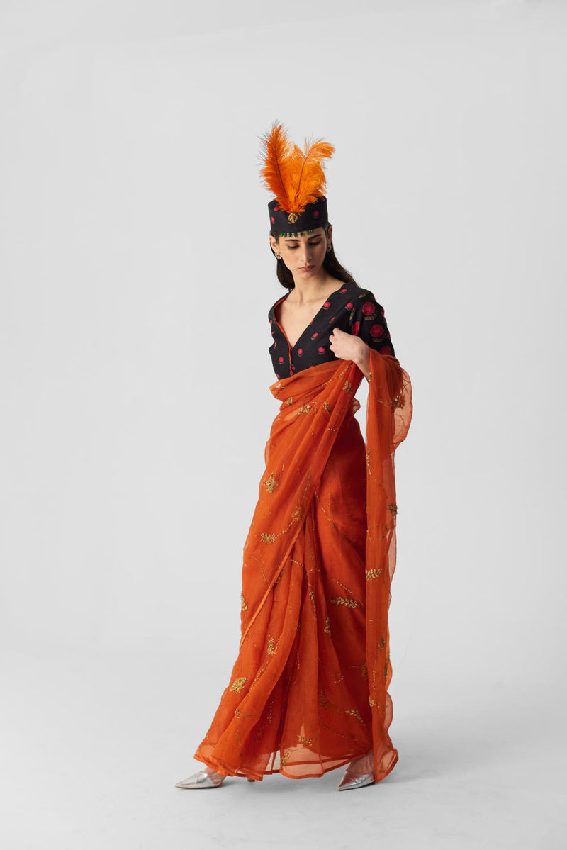 ORANGE EMBROIDERED SAREE organza by Yam in orange color for women in Singapore