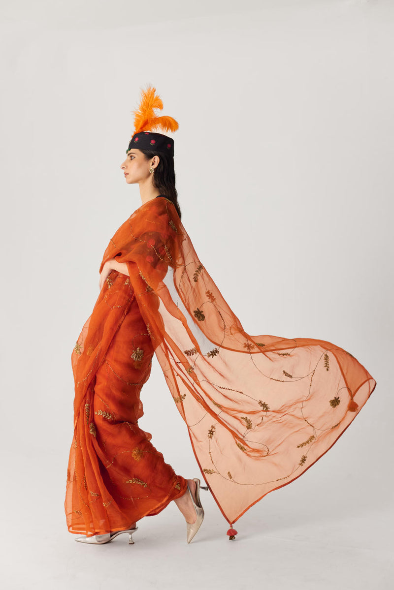 ORANGE EMBROIDERED SAREE organza by Yam in orange color for women in Singapore