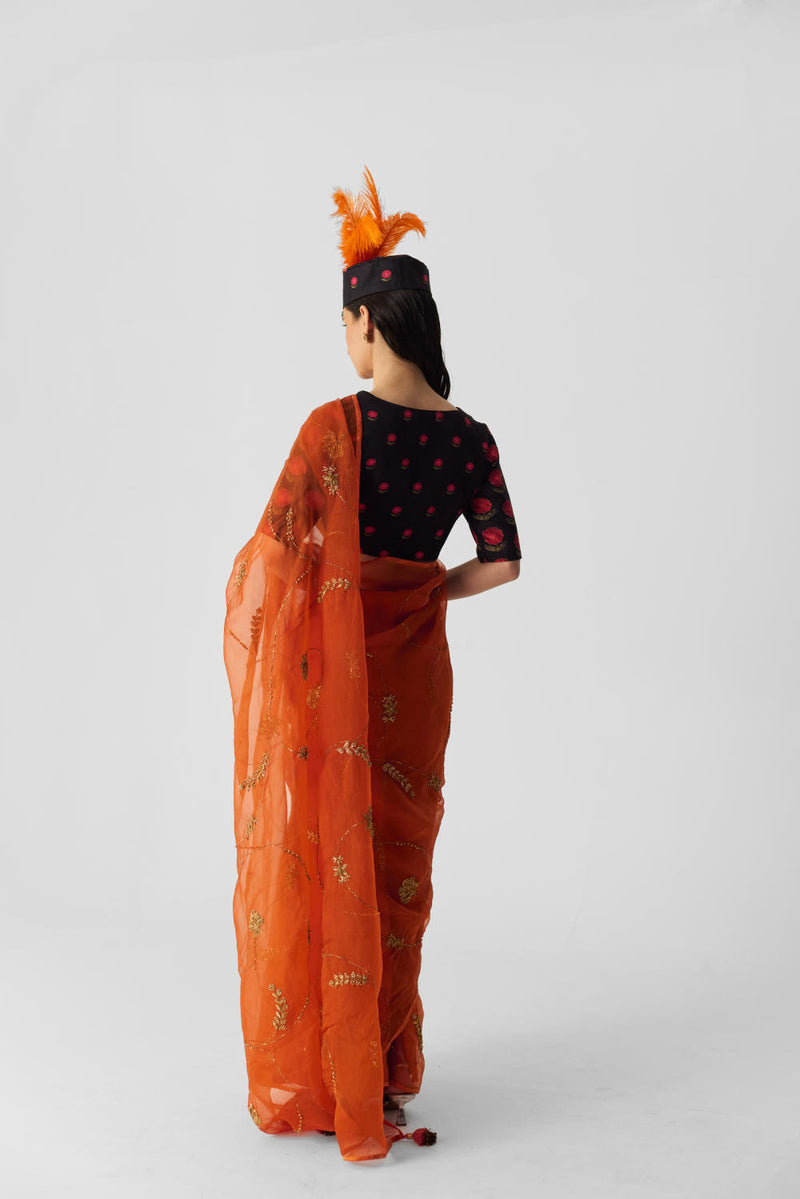 ORANGE EMBROIDERED SAREE organza by Yam in orange color for women in Singapore