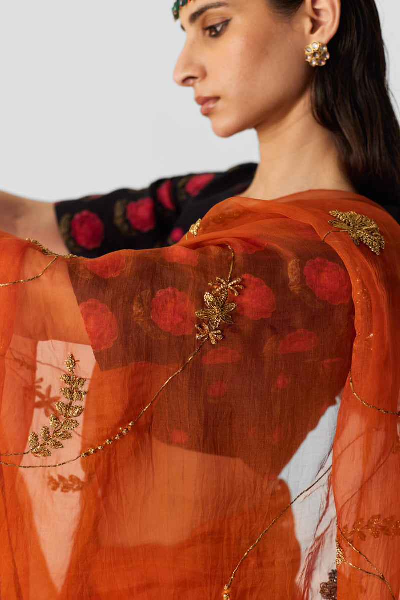 ORANGE EMBROIDERED SAREE organza by Yam in orange color for women in Singapore