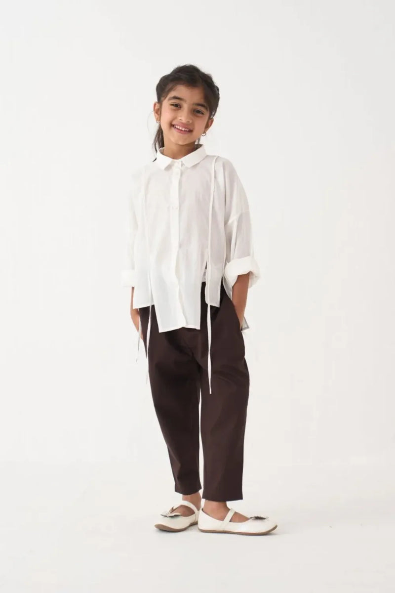 Girl - Panelled Shirt Co-Ord (Set Of 2) - White poplin by THREE Kids in brown color for kids in Singapore