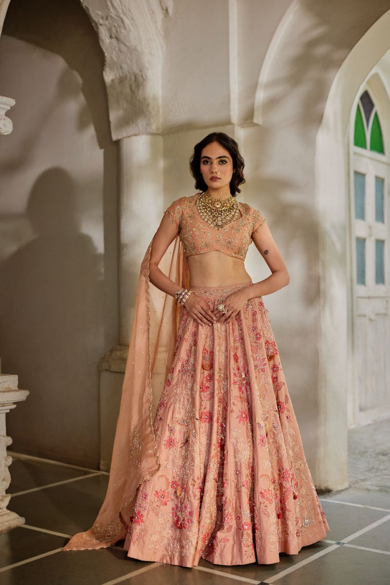 PH-2815 Orin Lehenga Set by Paulmi & Harsh in peach color for women in Singapore