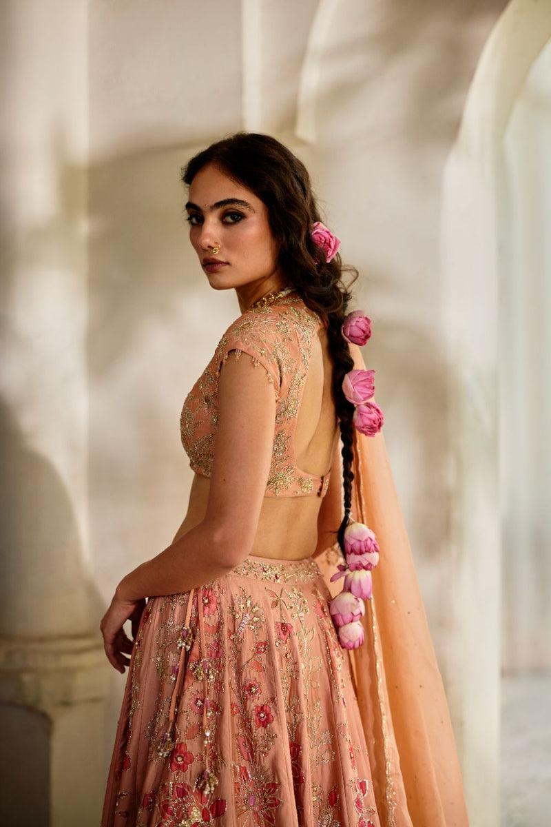 PH-2815 Orin Lehenga Set by Paulmi & Harsh in peach color for women in Singapore