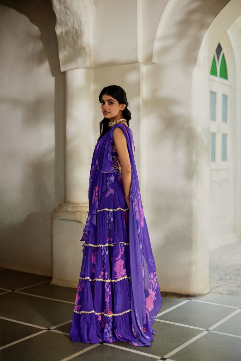 PH-2821 Opal Saree Set – Grape chiffon by Paulmi & Harsh for women in Singapore