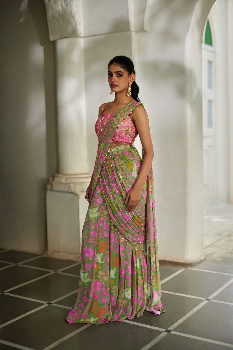 PH-2824 Tala Saree Set georgette by Paulmi & Harsh in green color for women in Singapore