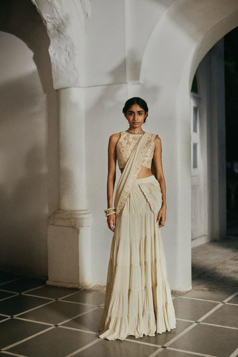 PH-2831 Eris Saree Set georgette by Paulmi & Harsh in ivory color for women in Singapore