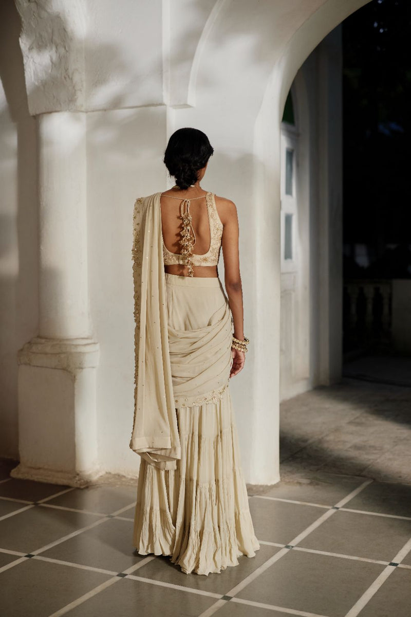 PH-2831 Eris Saree Set georgette by Paulmi & Harsh in ivory color for women in Singapore
