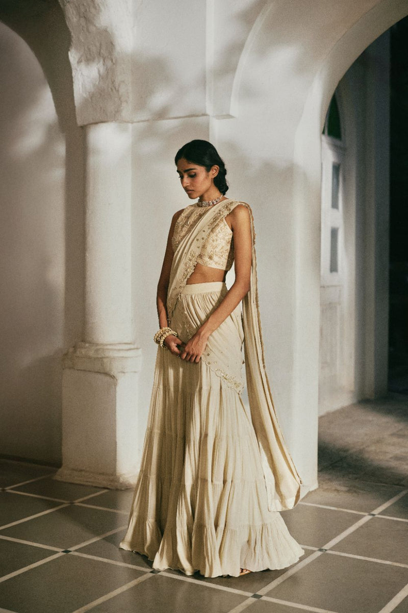 PH-2831 Eris Saree Set georgette by Paulmi & Harsh in ivory color for women in Singapore